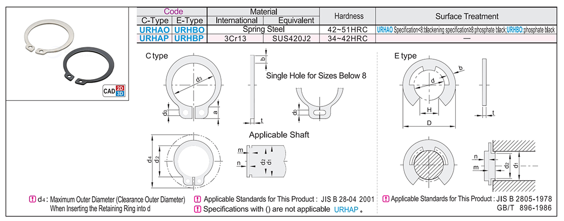 Shaft retaining ring Japanese standard spring steel/stainless steel type C /ETexture map
