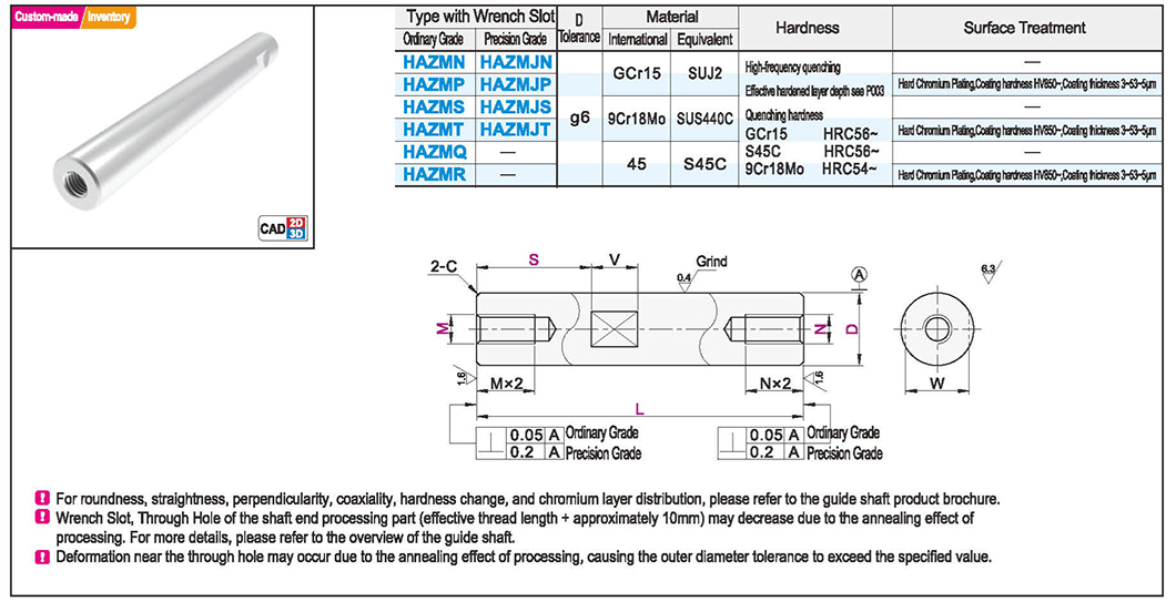 Guide shaft Ordinary grade/precision grade internal thread type wrench groove g6Texture map