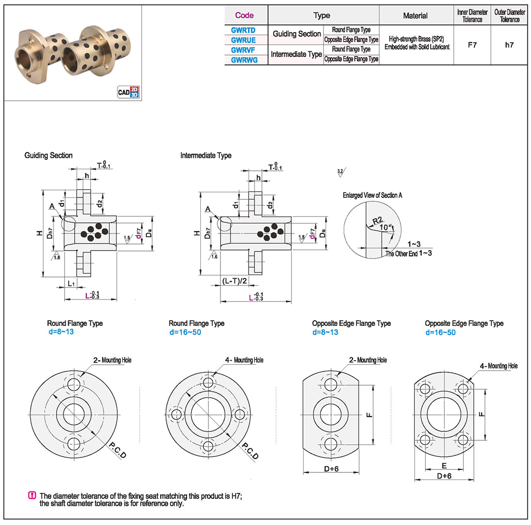 Flange type oil free sleeve copper alloy guide medium bore F7/ bore h7Texture map