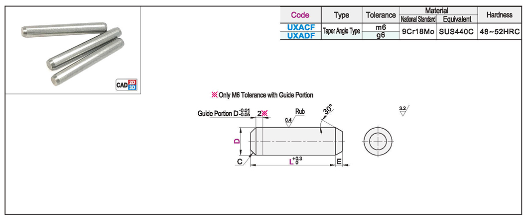 Straight cone type positive/negative tolerance positioning pin cone Angle type m6/g6Texture map